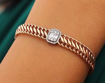 Baguette Diamond Bracelet – 14K Solid Gold Dainty Bracelet – Minimalist Gold Jewelry for Her