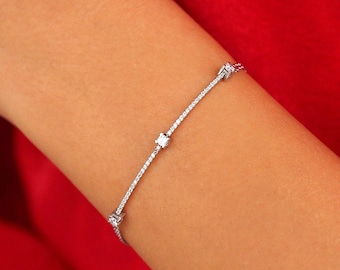 Three Stone Diamond Bar on 14K White Gold Thin Chain, Minimalist Fine Jewelry For Classy Women, Dainty Bridal Bracelet, Gift For The Bride