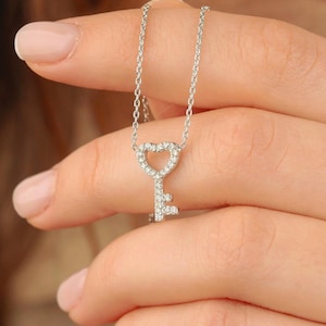 14K Gold Heart Key Necklace: Diamond Pendant, Minimalist Jewelry