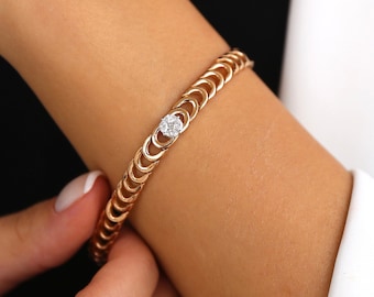 Solitär Diamant auf 14K Rose Gold Kubanische Kette Tennis Armband, Minimalistischer Feinschmuck für Frauen, zierliche Hochzeit Jahrestag Geschenk für Frau