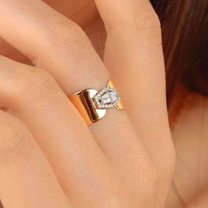 Cigar Baguette Diamond Band, Cluster Diamond 14K Gold Thick Band Ring, Wide Cigar Wedding Ring, Cigar Band, Gift For Her, Anniversary Gift