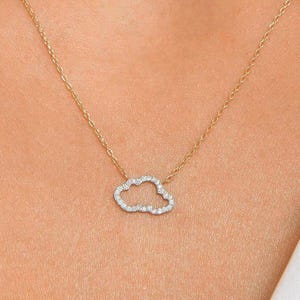 14K Gold Diamond Cloud Necklace: Dainty Celestial Pendant