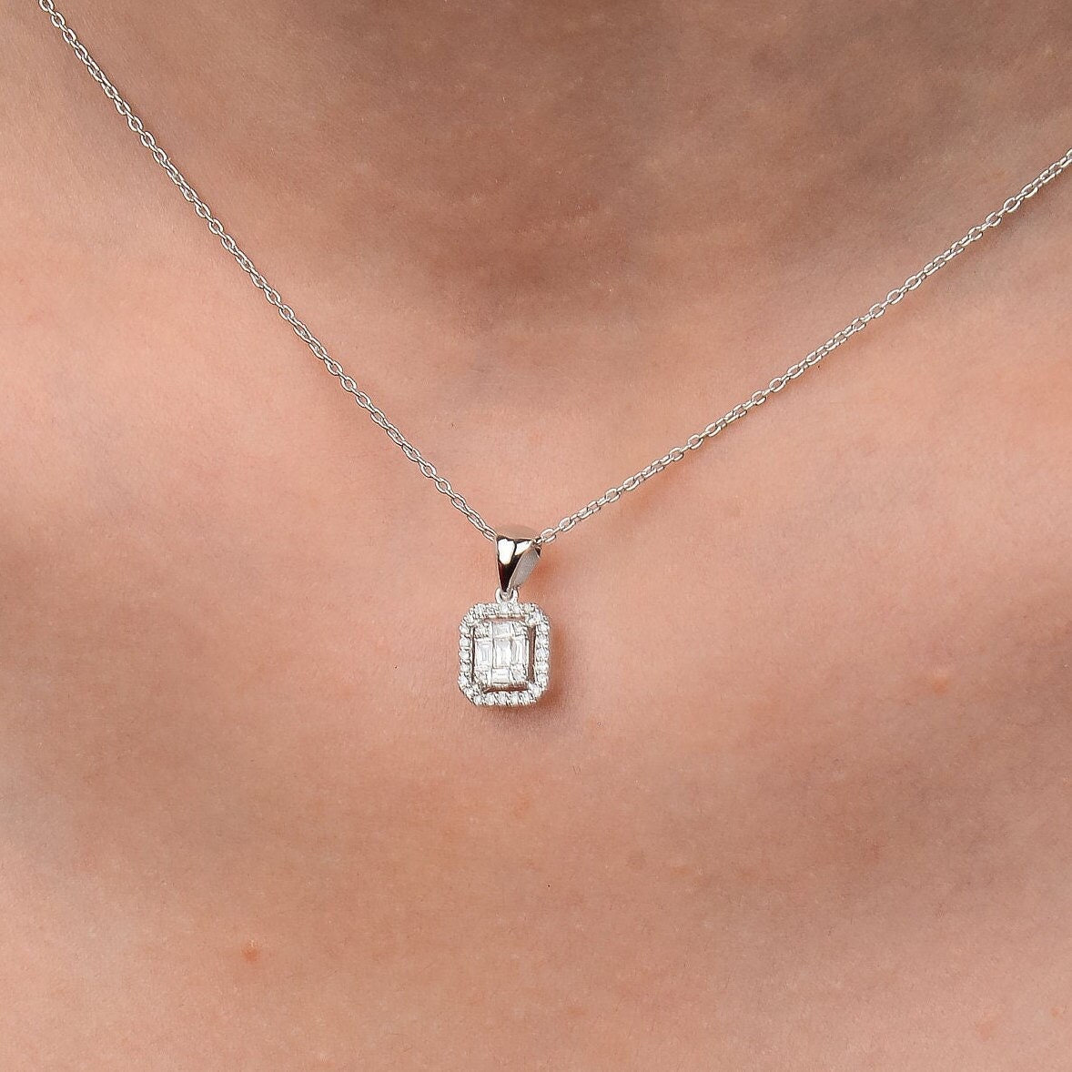 Baguette and Pave Diamond Necklace, Diamonds in White Gold Drop Necklace, Diamond Cut Pendant, Bridal Necklace, Bride Necklace, Wife Gift