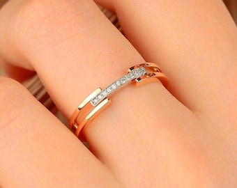14K Solid Gold Double Row with Centered Diamond Band Ring, Minimalist Gold Ring, Double Row Diamond Ring, Dainty Stacking Ring, Gift For Her