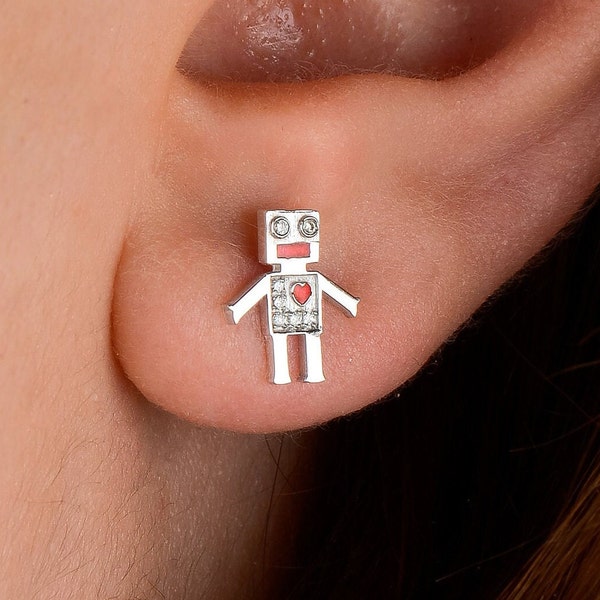 Little Robot Earrings, 18K White Gold with Tiny Diamond, Funky Jewelry For Women, Gifts For Teenagers, Small Graduation Gift, Unique Studs