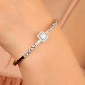 Round & Baguette Diamonds Embellished on 14K White Gold Tennis Bracelet, Luxury Fine Bridal Jewelry, Elegant Anniversary Gift