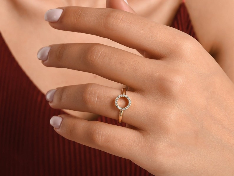 Open Circle Diamond 14K Gold Ring, Dainty Minimalist Open Circle Diamond Ring, Open Circle Diamond Ring, Dainty Diamond Ring, Gift For Her image 1
