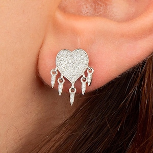 14K Gold Diamond Heart Stud Earrings: Pave Setting, Handmade Jewelry