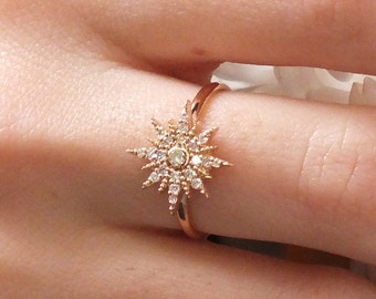 14K Gold North Star Ring, Starburst Ring, North Star Gold, Diamond Ring, Bridal Jewelry, Mother's Day Gift, Diamond Dainty Ring, Women Ring
