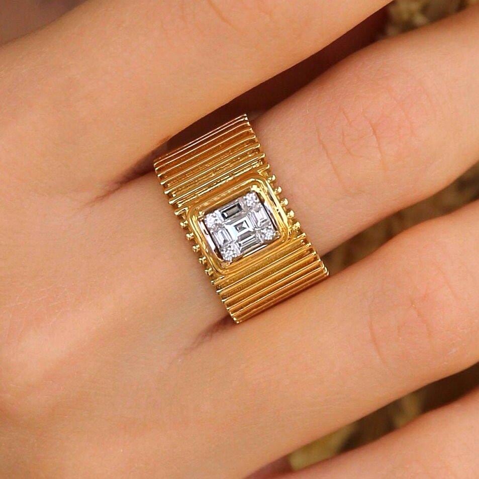 Thick Gold Ring, Large Statement Ring, Antique Diamond Ring, Chunky Gold Ring, Baguette Ring, Big Rings, Solid Gold Ring
