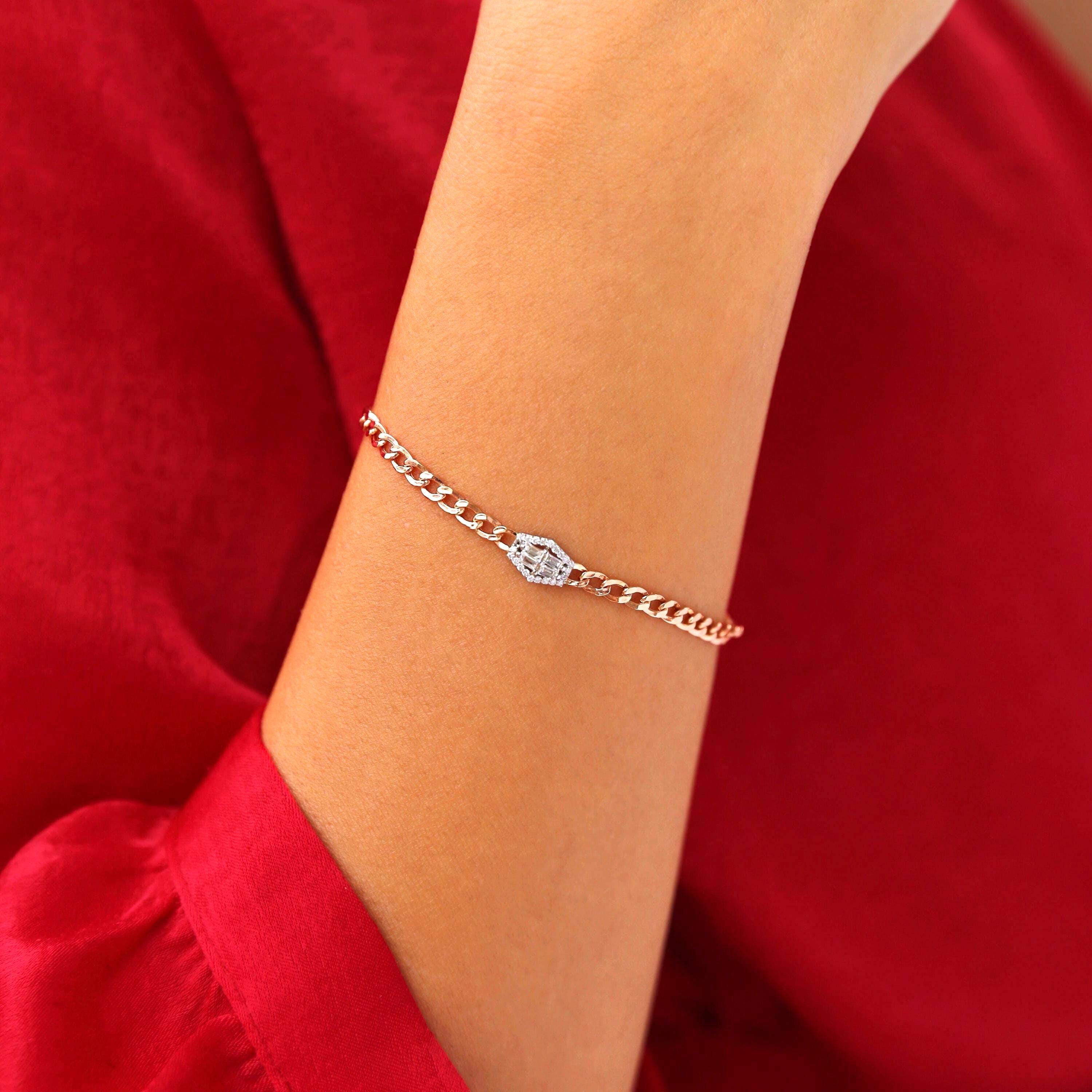 Solid Gold Bracelet / 14K Chain Bracelet / Diamond Baguette Bracelet / 14K Gold Bracelet / Girlfriend Gift / Fine Jewelry