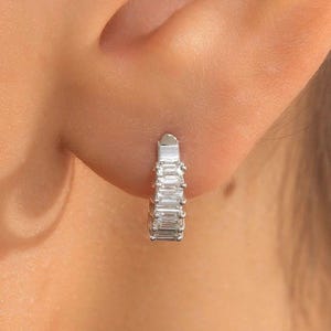14K Gold Diamond Baguette Huggie Earrings: Elegant Small Hoops