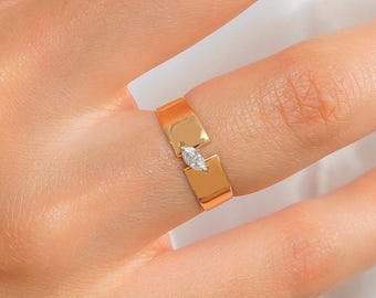 Wide Band Diamond Ring, Marquise Cut Diamond Wedding Ring, 14K Gold Ring, Unique Diamond Cluster Ring, Bridal Jewelry, Gifts For Her