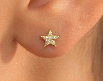 Gouden steroorbellen / diamanten steroorknopjes / kleine oorknopjes / sierlijke sterstekers / cadeau voor haar / hemelse sieraden