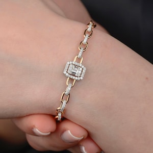 Round and Baguette Diamond Embellished on 14K Rose Gold Cable Chain Bracelet, Fine Jewelry For Classy Women, Minimalist Anniversary Gift