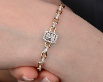 Round and Baguette Diamond Embellished on 14K Rose Gold Cable Chain Bracelet, Fine Jewelry For Classy Women, Minimalist Anniversary Gift
