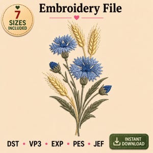 Puede incluir: Un archivo de bordado con un ramo de acianos azules y espigas de trigo doradas con hojas verdes. El texto dice Embroidery File, 7 SIZES INCLUDED e INSTANT DOWNLOAD, con los formatos de archivo DST, VP3, EXP, PES y JEF listados abajo.