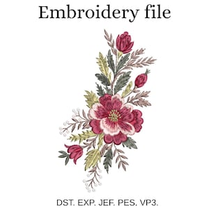Könnte beinhalten: Eine Stickdatei mit einer zentralen dunkelrosa Blume mit weißen Akzenten, umgeben von grünen Blättern, kleineren Knospen und Stielen. Der Text 'Embroidery file' steht oben und 'DST. EXP. JEF. PES. VP3.' ist unten aufgedruckt.