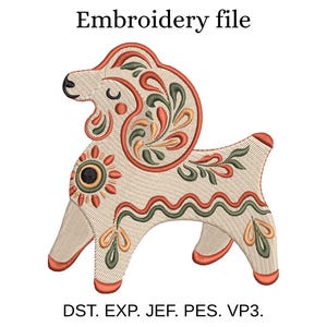 May include: An embroidery file design featuring a stylized four-legged animal in cream, orange, and dark green. The text "Embroidery file" appears at the top, and "DST. EXP. JEF. PES. VP3." is printed at the bottom of this digital graphic.