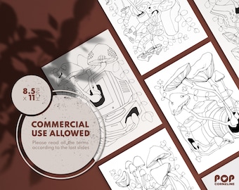 Mushrooms – a collection of 5 hand-drawn digital adult coloring pages