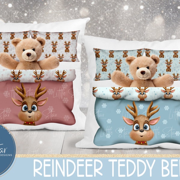 Christmas Pocket Cushion Designs/ Christmas Teddy Bed Pillow Set/ For Sublimation & Print/ PNG