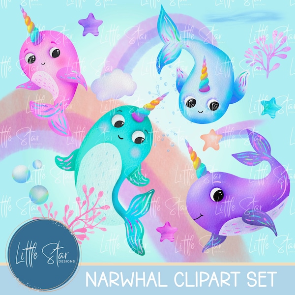 Cute Rainbow Narwhal Clipart/ For Sublimation & Print/ PNG