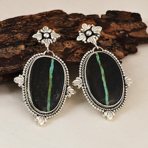 Blackjack Turquoise Earrings, Natural Black Turquoise Dangle Earrings, Southwestern Boho Western Gemstone Jewelry, One of a Kind Gift