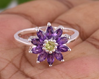 Details about / Authentic Natural Round Amethyst Flower Ring Women Jewelry Gift Rose Gold Plated