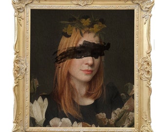 May include: A framed portrait of a woman with a flower crown and a black brushstroke covering her eyes. The woman is wearing a black shirt and is surrounded by flowers.