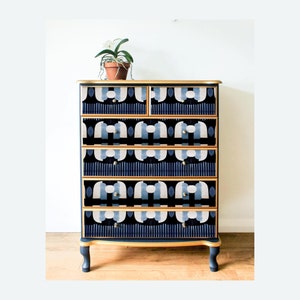 Upcycled chest of drawers Hand painted Dresser Blue abstract pattern Hand painted living room dresser Gold and blue