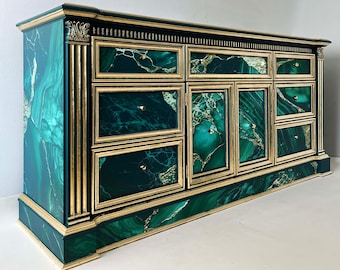 Upcycled Georgian Sideboard: Teal Green Marble Design, Gold Leaf Accents