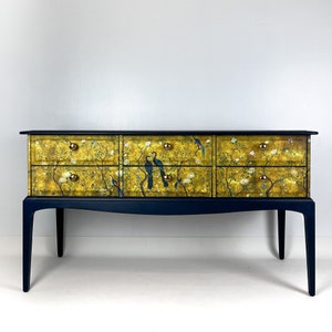 Upcycled Stag Sideboard: Vintage Painted Cabinet with Botanical Bird Design
