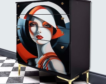 Hand-Painted Art Deco Chest of Drawers: Vintage Portrait Furniture