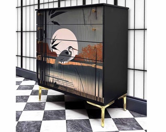 Painted Black Vintage Chest of Drawers: Retro Crane Design, Gold Legs