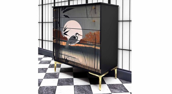 Painted Black Vintage Chest of Drawers: Retro Crane Design, Gold Legs