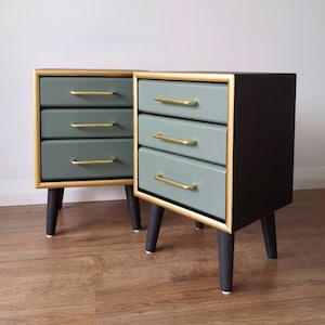 Vintage Nightstand Painted Bedside Cabinet Minimalist Interior Hand Painted Upcycled Bedside Table Green and Gold Modern Bedroom Furniture Etsy