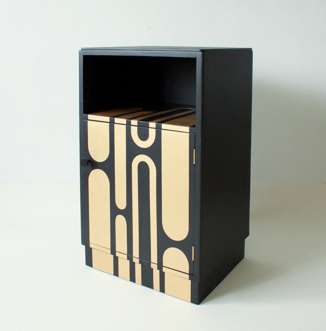 Hand Painted Art Deco Bedside Cabinet: Black & Gold Abstract Nightstand ...