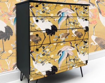 Painted Black Vintage Chest of Drawers: Japanese Crane Chinoiserie