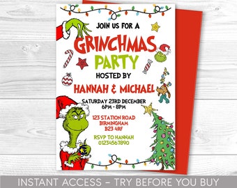 Personalised Grinch Party invitation, Grinchmas party invite, Christmas editable invitation, instant download,  merry grinchmas party