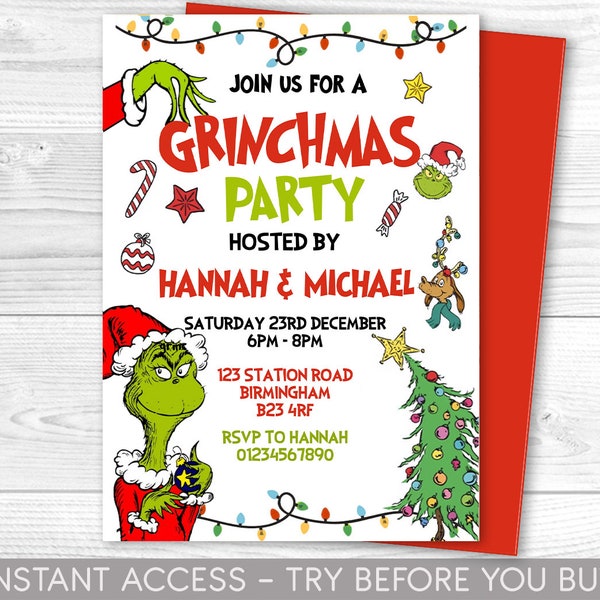 Personalised Grinch Party invitation, Grinchmas party invite, Christmas editable invitation, instant download,  merry grinchmas party