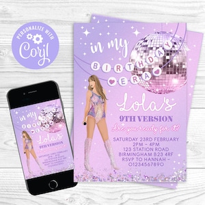 Peut inclure: Invitation de fête d'anniversaire violette et argentée avec une boule à facettes et une fille en tenue scintillante. Le texte indique "in my birthday era Lola's 9th version are you ready for it?" et comprend la date, l'heure, le lieu et les informations RSVP.