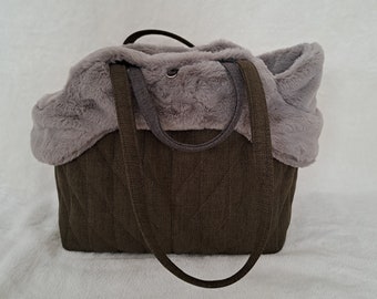 Forest green dog carrier bag with gray fur, Dog travel bag, Walking dog bag, Custom made dog bag