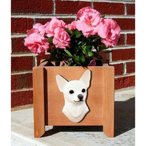 May include: A wooden planter box with a white chihuahua dog head sculpture on the front. The planter is filled with pink flowers.