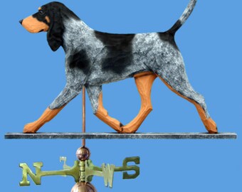 May include: A wooden Bluetick Coonhound weathervane with a black, white, and blue painted finish. The weathervane is mounted on a black slate base with a copper arrow and compass rose.