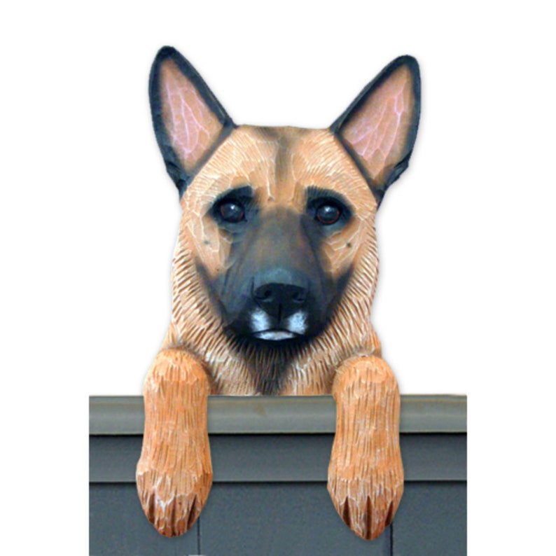May include: A wooden figurine of a German Shepherd dog peeking over a ledge. The dog is brown and black with a white patch on its chest. The figurine is hand-painted and has a realistic appearance.