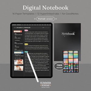 12 Tab Hyperlinked Digital Notebook DARK MODE Dot, Grid, Blank, Lined, Cornell Paper for Goodnotes, Notability, Noteshelf, iPad, Tablet