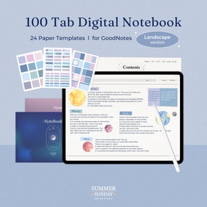 100 Tab Hyperlinked Digital Notebook Landscape (Dot, Grid, Blank, Lined, Cornell Templates) for Goodnotes, Notability, iPad, Tablet