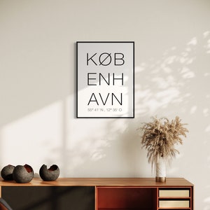 Affiche Copenhague - København avec coordonnées quartiers - votre ville décoration murale personnalisée noir et blanc HH imprimer carte numérique A3
