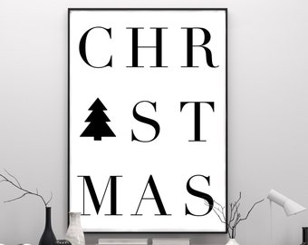 May include: Black and white minimalist Christmas print with the word "CHRISTMAS" and a stylized Christmas tree.