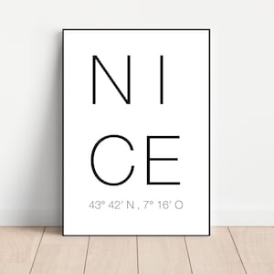 Affiche Nice - Nice France avec coordonnées quartiers - votre ville décoration murale personnalisée imprimé noir et blanc carte numérique A3